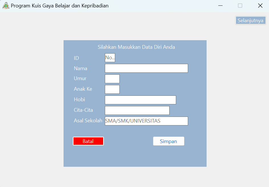 Gambar Proyek Perancangan Aplikasi Kuis Gaya Belajar dan Kepribadian Mahasiswa Berbasis Desktop dengan Microsoft Visual Basic Net 8.0