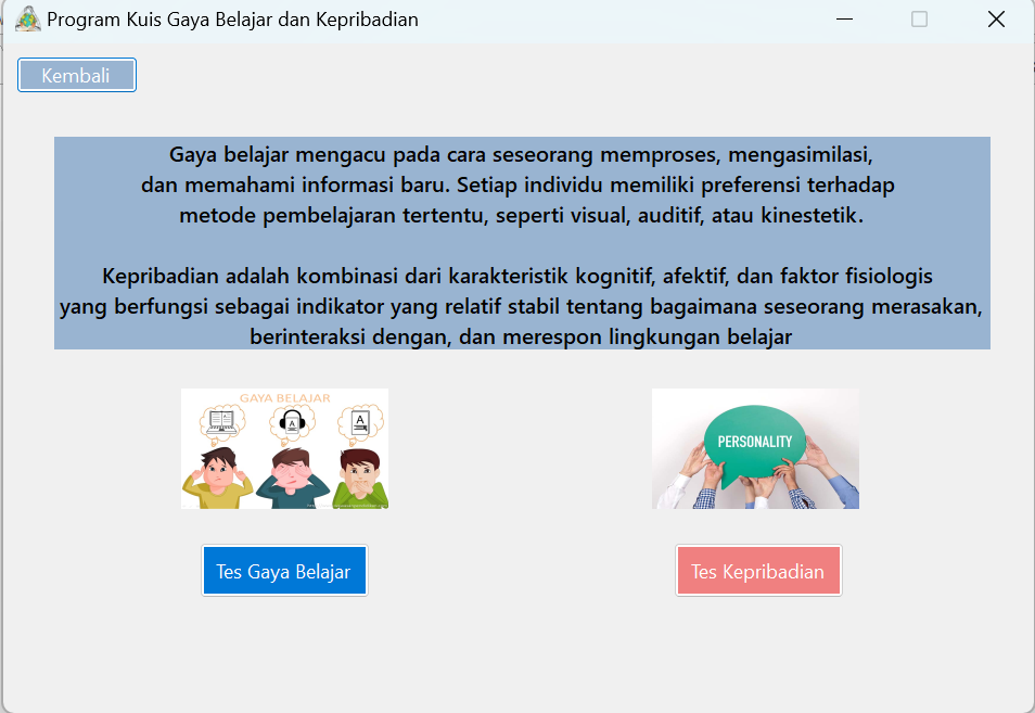 Gambar Proyek Perancangan Aplikasi Kuis Gaya Belajar dan Kepribadian Mahasiswa Berbasis Desktop dengan Microsoft Visual Basic Net 8.0