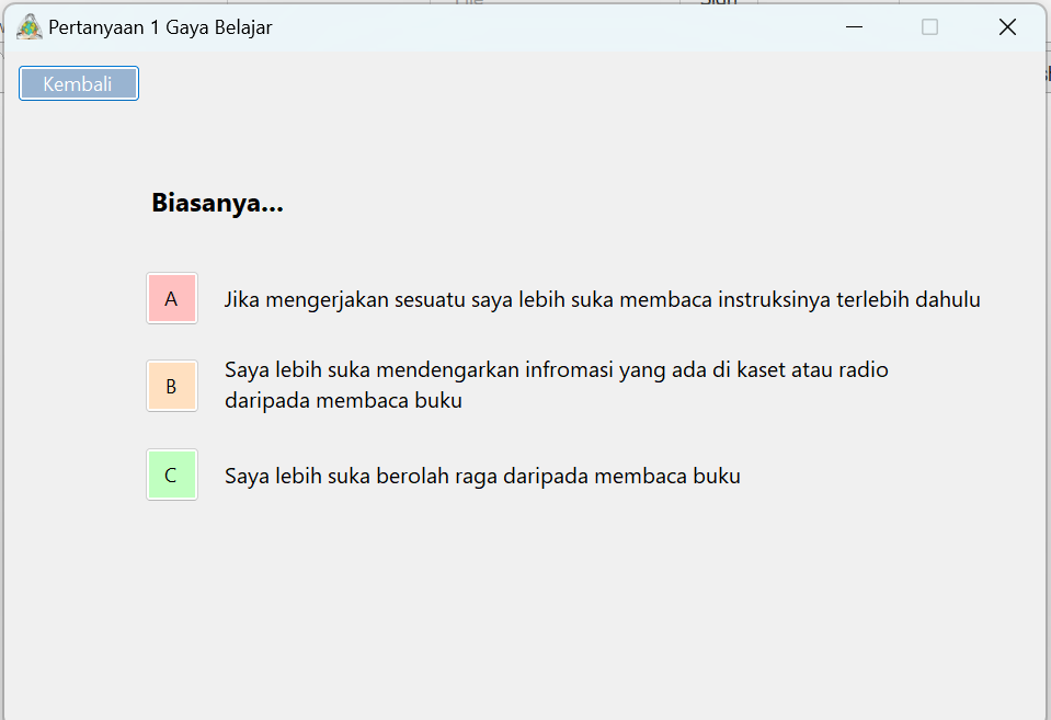 Gambar Proyek Perancangan Aplikasi Kuis Gaya Belajar dan Kepribadian Mahasiswa Berbasis Desktop dengan Microsoft Visual Basic Net 8.0