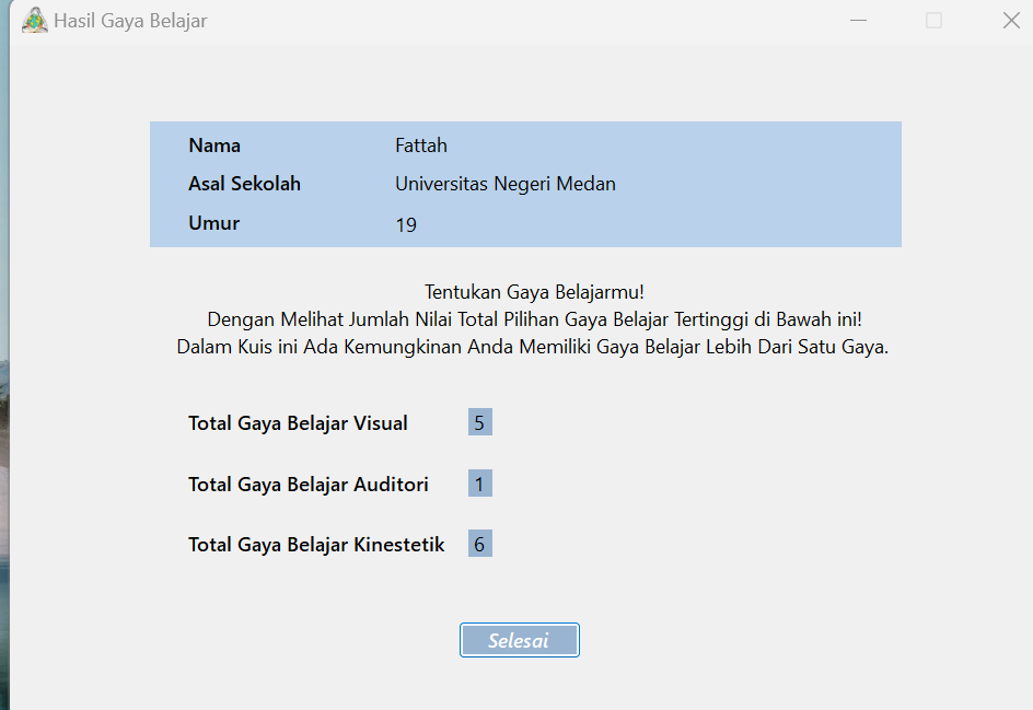 Gambar Proyek Perancangan Aplikasi Kuis Gaya Belajar dan Kepribadian Mahasiswa Berbasis Desktop dengan Microsoft Visual Basic Net 8.0