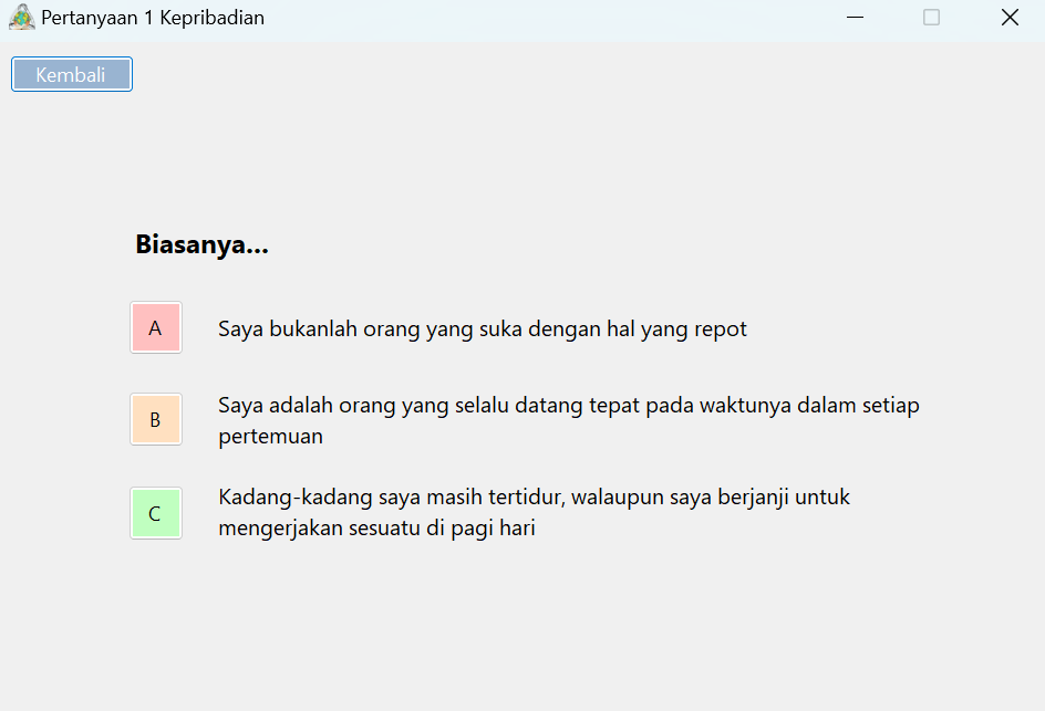 Gambar Proyek Perancangan Aplikasi Kuis Gaya Belajar dan Kepribadian Mahasiswa Berbasis Desktop dengan Microsoft Visual Basic Net 8.0