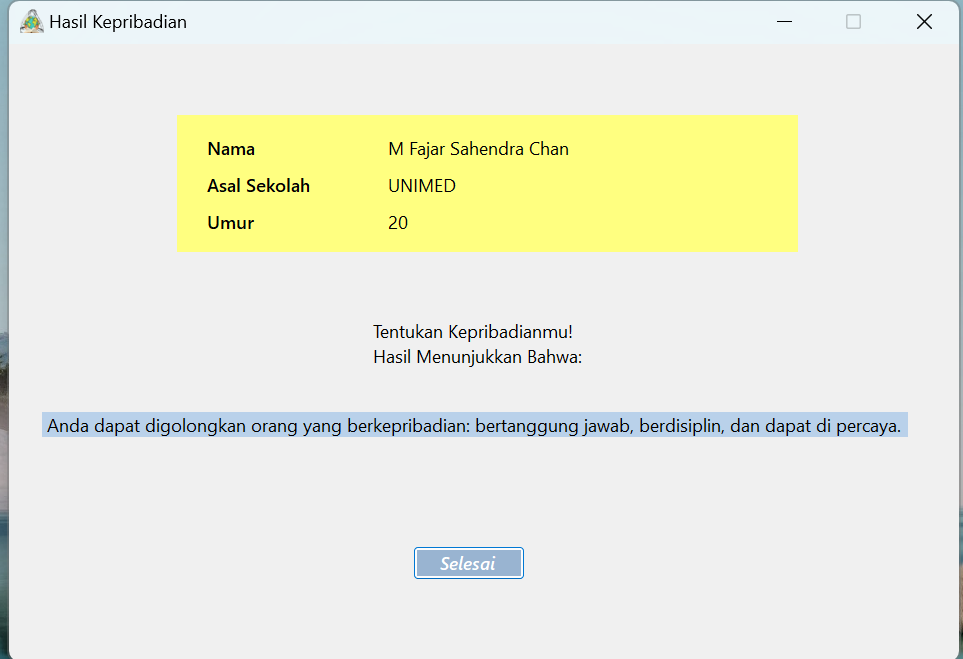 Gambar Proyek Perancangan Aplikasi Kuis Gaya Belajar dan Kepribadian Mahasiswa Berbasis Desktop dengan Microsoft Visual Basic Net 8.0